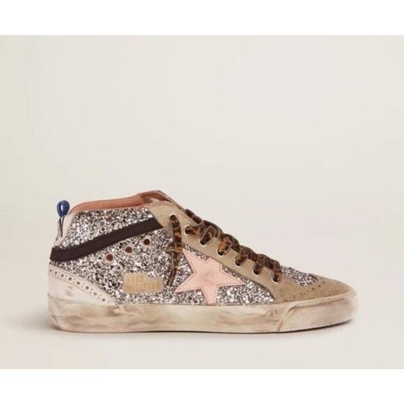 Golden Goose Mid Star Classic Silver Glitter Sneaker Size 37 Suede Toe Pink Star